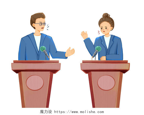 卡通辩论赛双人元素辩论对话比赛男女话筒PNG素材